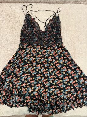 Free People Floral Lace-Trim Black Sundress with Coral & Teal Accents